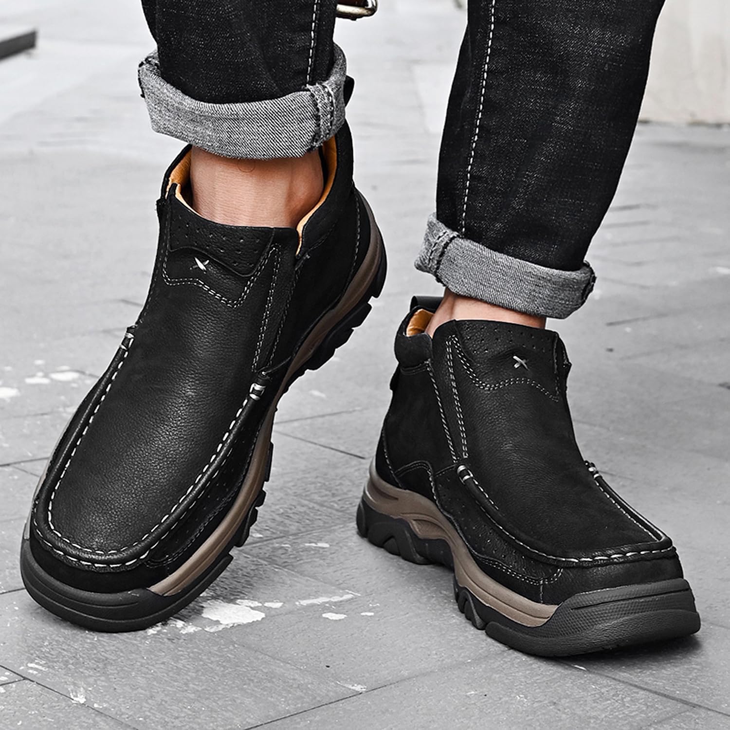 Size 12 Mens Slip On Casual Loafers Classic Outdoor Leather Walking Hiking Shoes Comfortable for Work Office Dress Outdoor High Top